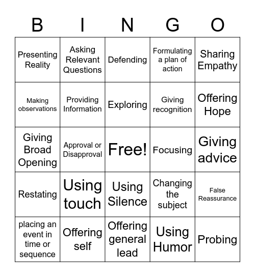 Therapeutic Communication Bingo Card