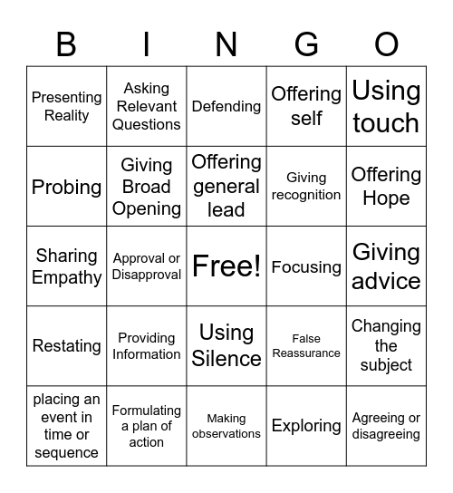 Therapeutic Communication Bingo Card