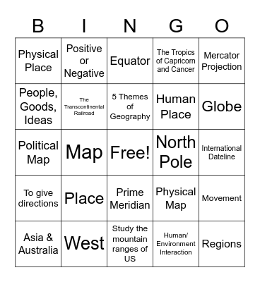 Geography Unit 1 Bingo Card
