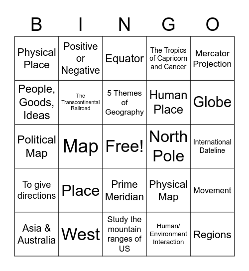 Geography Unit 1 Bingo Card