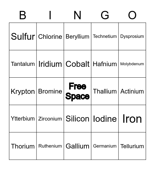 Periodic Table Bingo Card