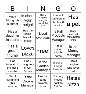 Girl Scout Parent Bingo Card