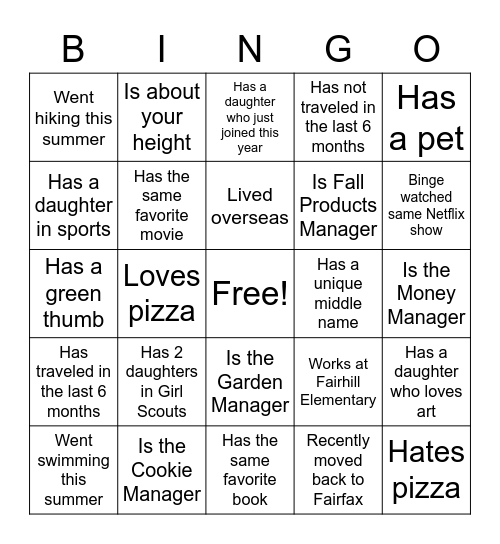 Girl Scout Parent Bingo Card