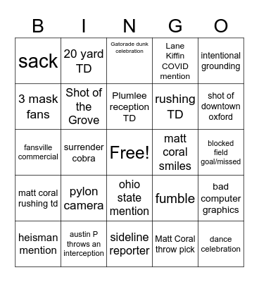 Mississippi V.S Austin Peay (starts at kickoff) Bingo Card