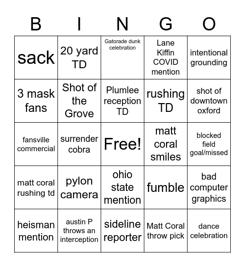 Mississippi V.S Austin Peay (starts at kickoff) Bingo Card