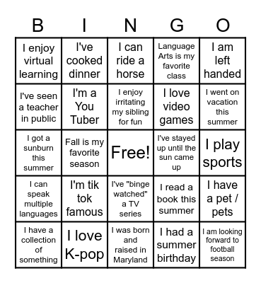 Welcome to Mrs. Fournier's ELA class! Bingo Card