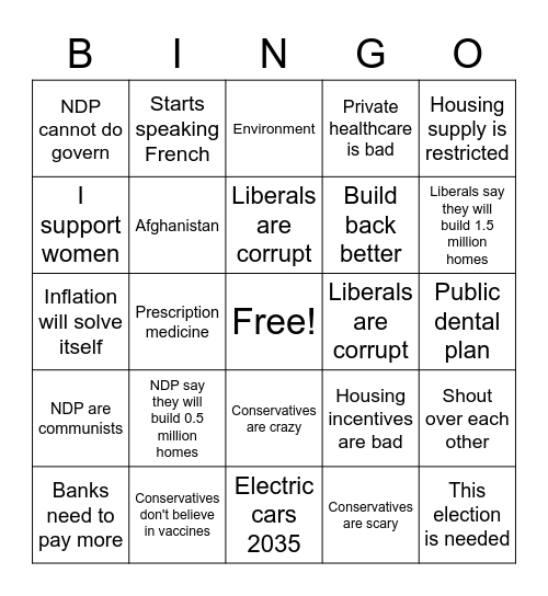 Canadian Election 2021 Bingo Card