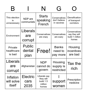 Canadian Election 2021 Bingo Card