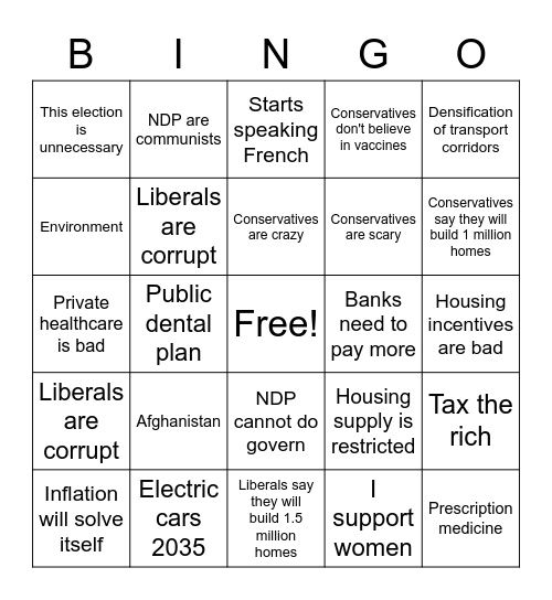Canadian Election 2021 Bingo Card