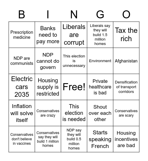 Canadian Election 2021 Bingo Card