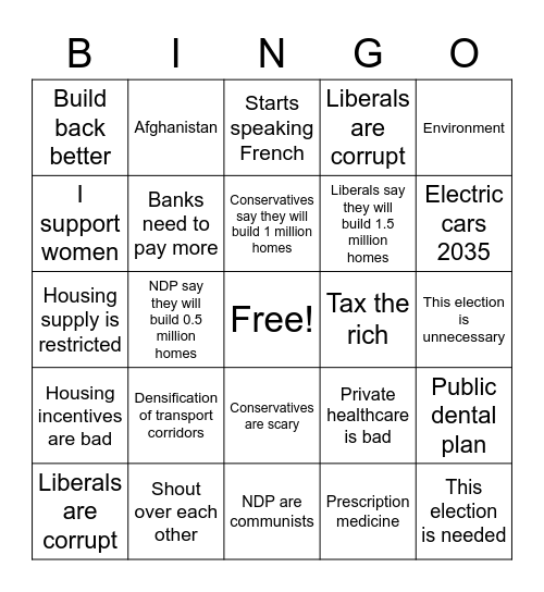 Canadian Election 2021 Bingo Card