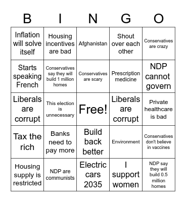 Canadian Election 2021 Bingo Card