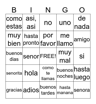 Spanish Greetings Bingo Card