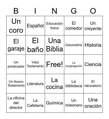 Spanish Vocabulary Bingo Card