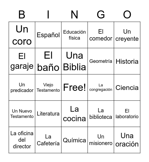 Spanish Vocabulary Bingo Card