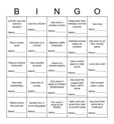 Welcome Back Bingo Card