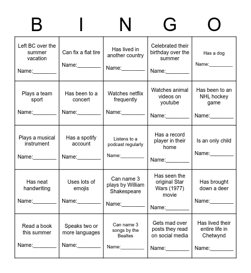 Welcome Back Bingo Card