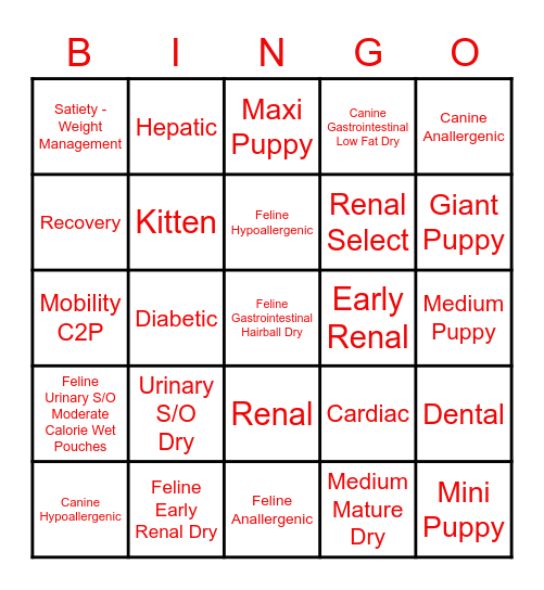 Royal Canin Diet Bingo Card