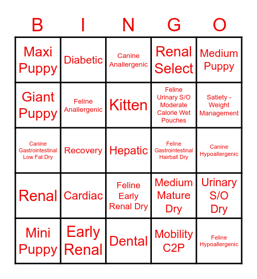 Royal Canin Diet Bingo Card