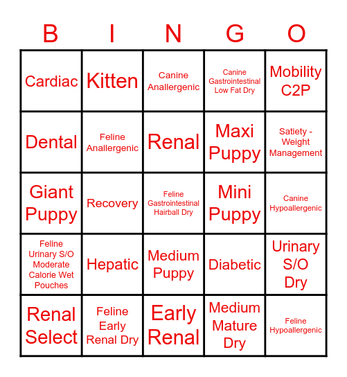 Royal Canin Diet Bingo Card