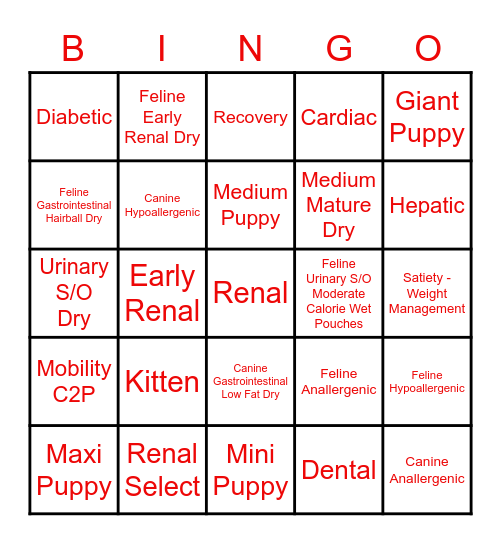 Royal Canin Diet Bingo Card