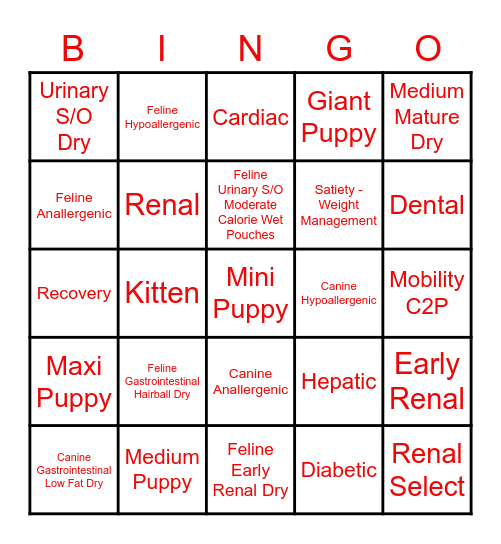 Royal Canin Diet Bingo Card