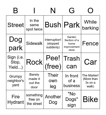 Dog Pee Bingo Card