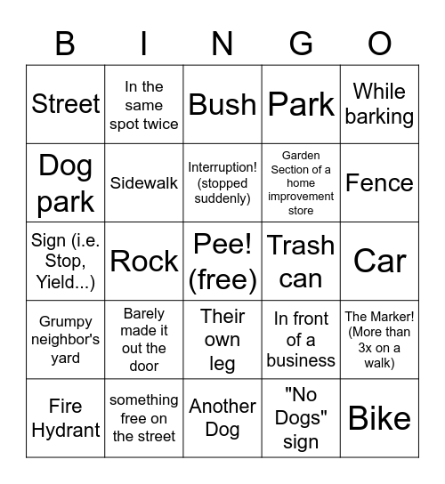Dog Pee Bingo Card