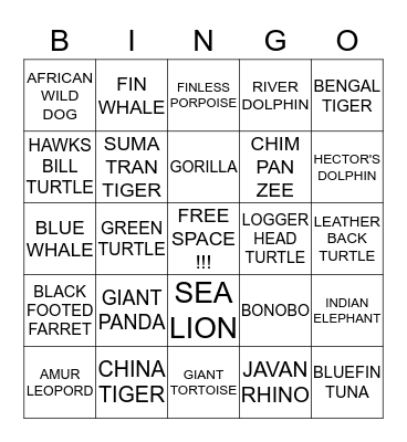 ENDANGERED ANIMALS Bingo Card