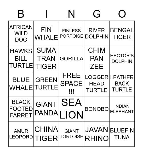 ENDANGERED ANIMALS Bingo Card