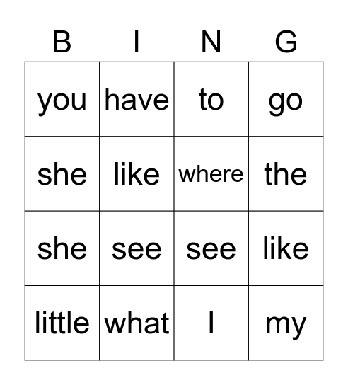 High Frequency Word Bingo Card
