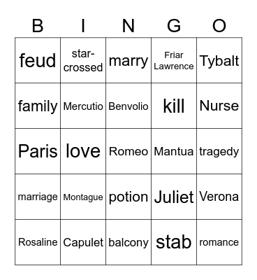 Romeo and Juliet Bingo Card