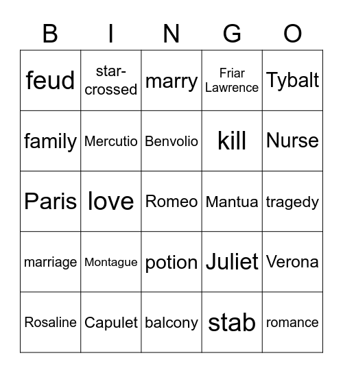 Romeo and Juliet Bingo Card