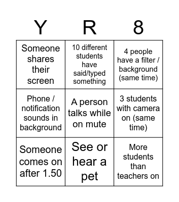 Year 8 meeting bingo Card