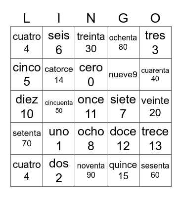 Los Números 0-99 Bingo Card