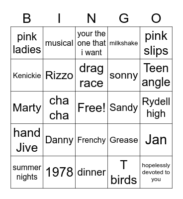grease  Bingo Card