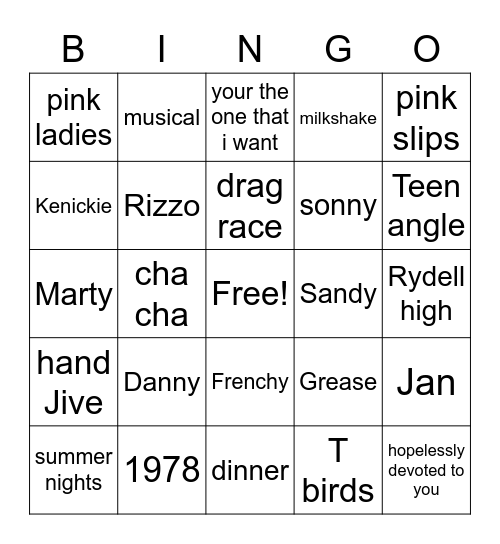 grease  Bingo Card