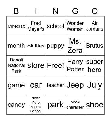 Common and Proper Nouns Bingo Card