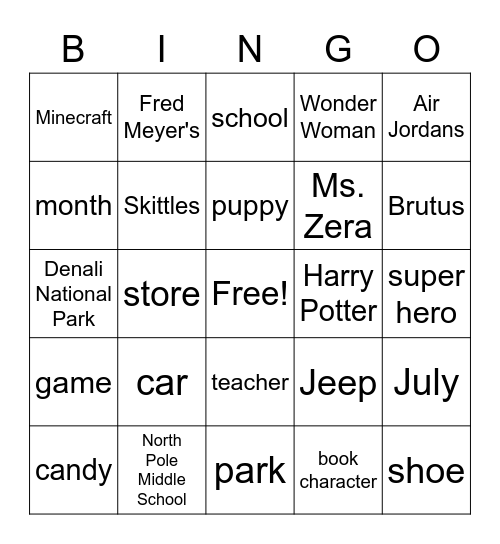 Common and Proper Nouns Bingo Card