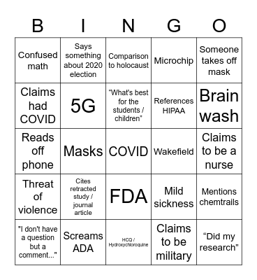 Local Board/Council Meeting COVID Bingo Card