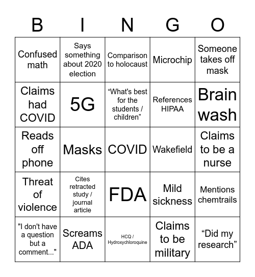 Local Board/Council Meeting COVID Bingo Card