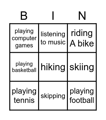 Free Time Activities Bingo Card