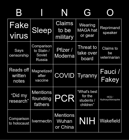 Local Council/Board COVID Meeting Bingo Card