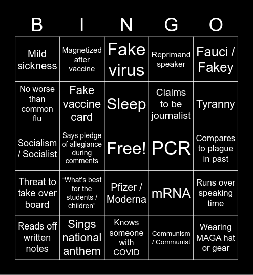 Local Board/Council COVID Meeting Bingo Card