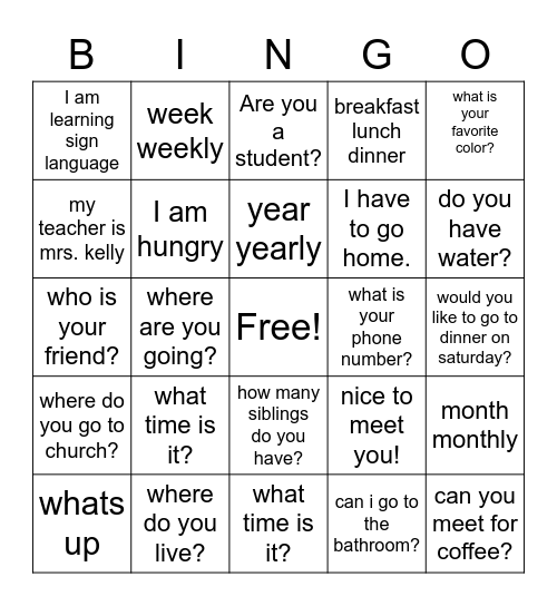 conversation Bingo Card