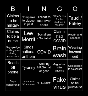Local Board/Council COVID Meeting Bingo Card