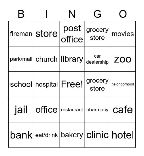 places to go: Bingo Card