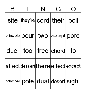 What's the Right Word Bingo Card