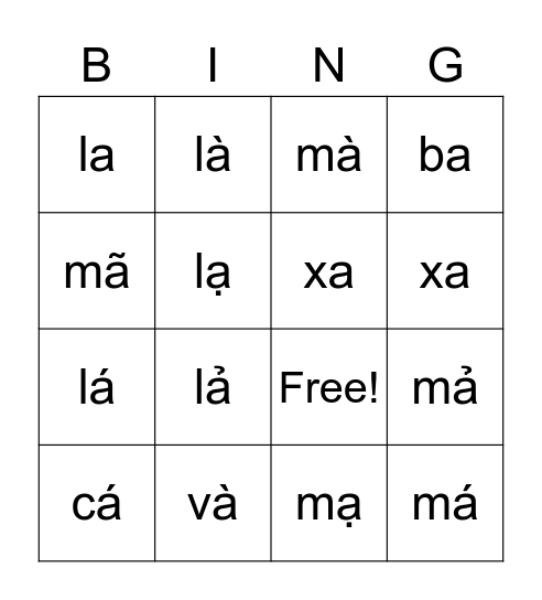 Từ có âm "a" Bingo Card