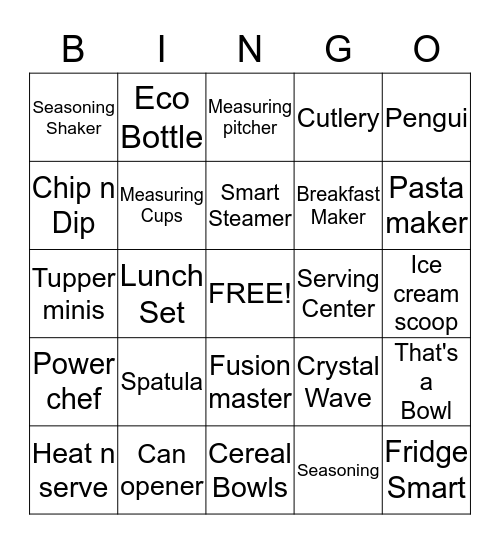 Tupperware Bingo Card